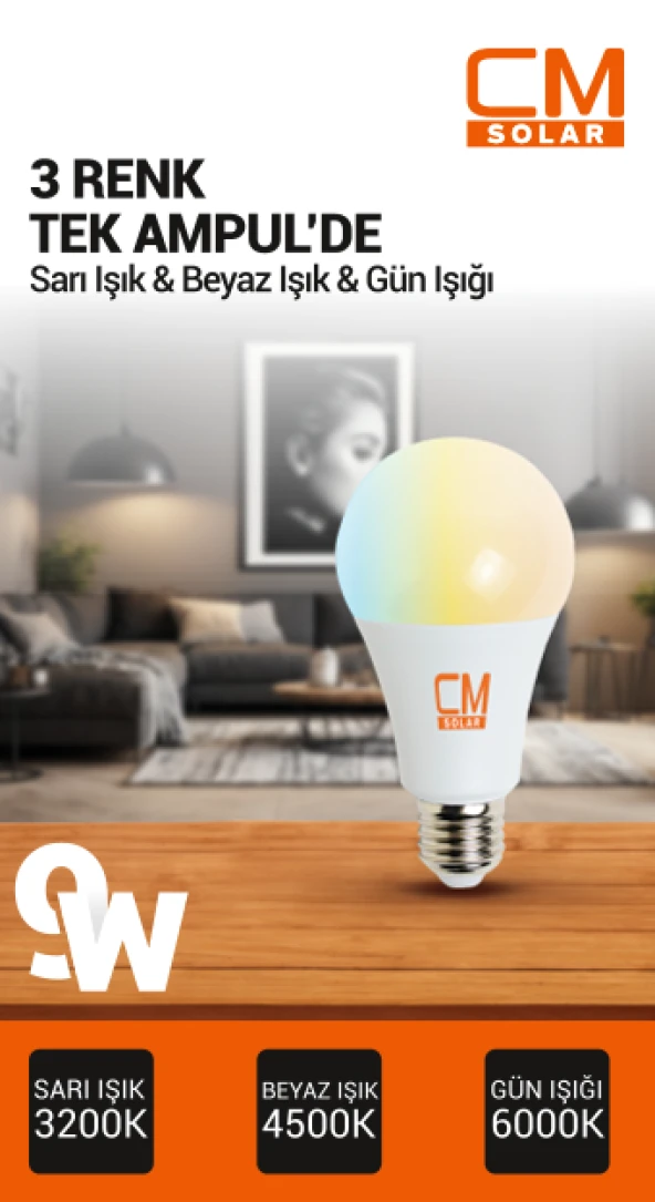 CMSOLAR 9W E27 DUY 3 RENKLİ AMPUL Sarı Işık-Gün Işığı-Beyaz Işık