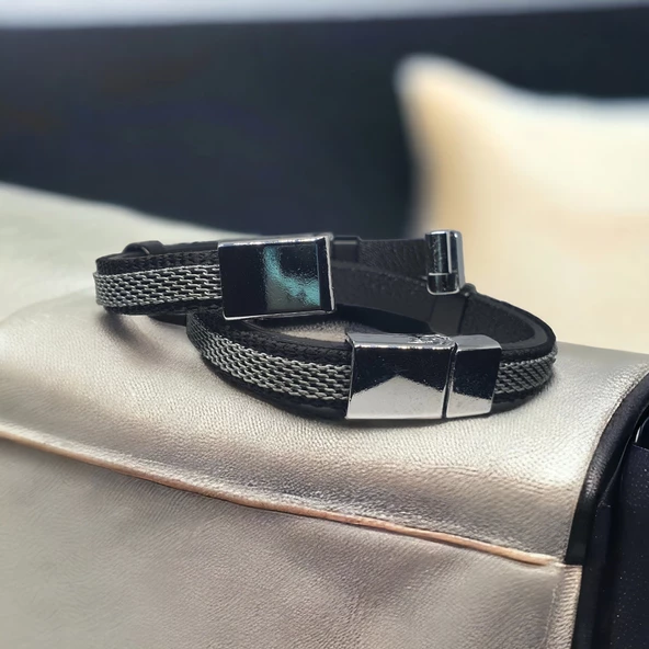 Deri Erkek Bilekliği - Manyetik Mıknatıs Klipsli - Resim 2