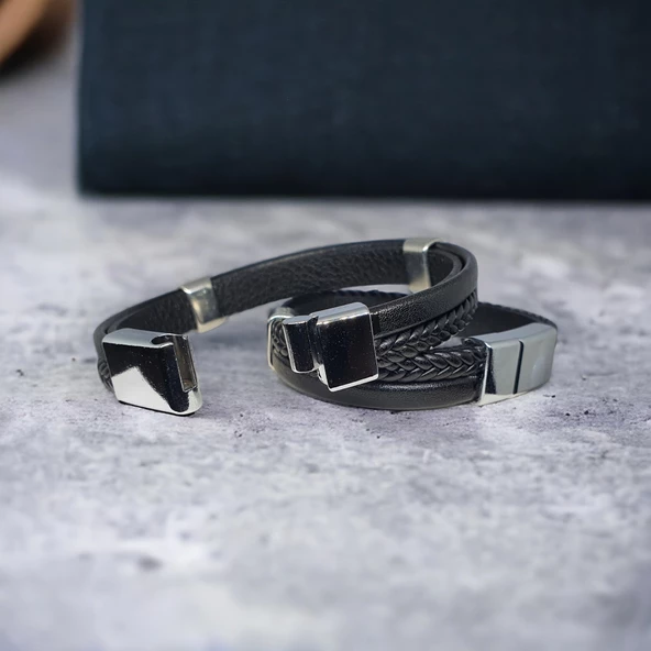 Deri Erkek Bilekliği - Manyetik Mıknatıs Klipsli - Resim 2