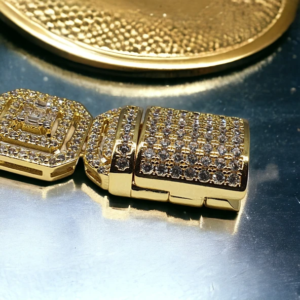 Gold Altın Görünümlü Taşlı İnce İşçilik Çelik Kadın Bilekliği 20cm - 3