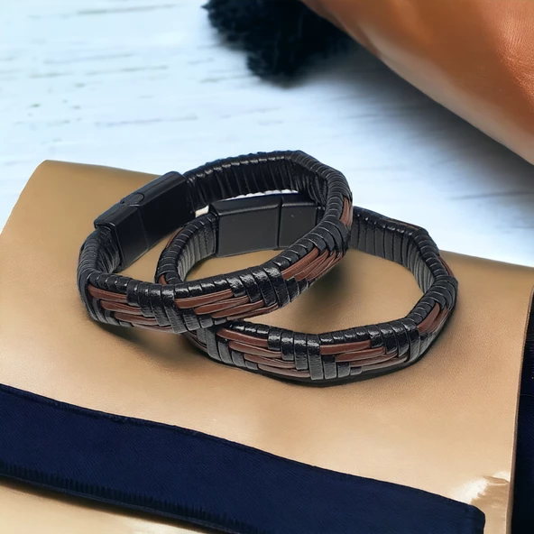 Deri Erkek Bilekliği - Manyetik Mıknatıs Klipsli