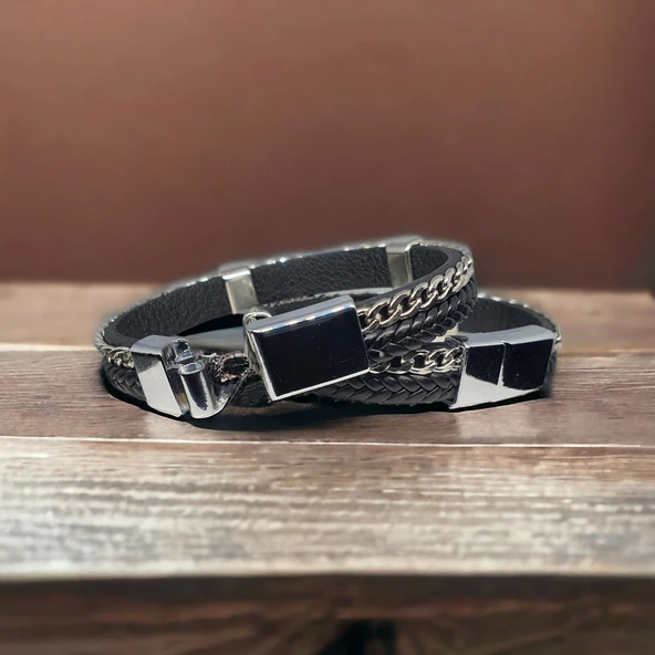Deri Erkek Bilekliği - Manyetik Mıknatıs Klipsli - Resim 2
