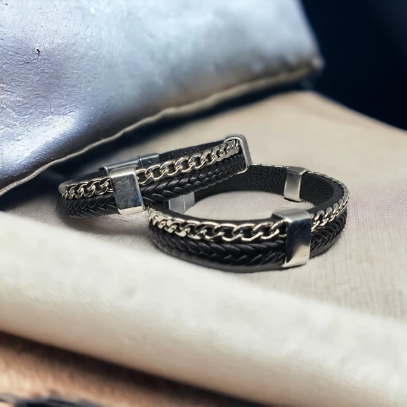 Deri Erkek Bilekliği - Manyetik Mıknatıs Klipsli ürün görseli