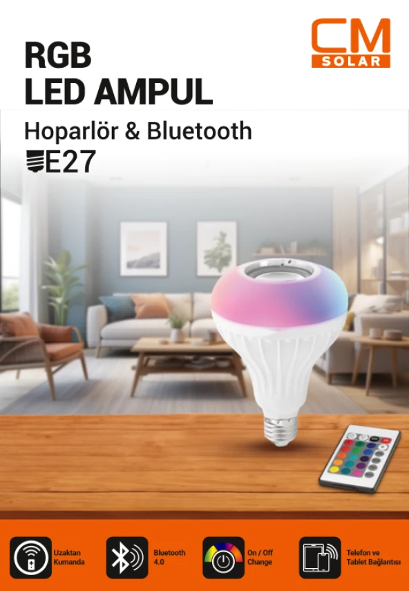 CMSOLAR Hoparlör & Bluetooth RGB Ampul Uzaktan Kumanadalı E27 Duy