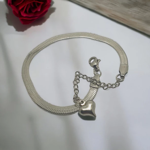 Gümüş Rengi Görünümlü Kalpli Boy Ayarlı Bileklik - Resim 2