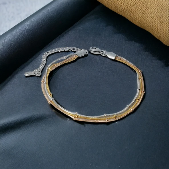 Altın Gümüş Bakır Rengi Görünümlü Paslanmaz Çelik Boncuklu Üçlü Bileklik