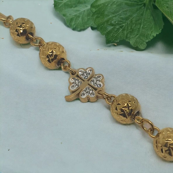 Dört Yapraklı Yonca Bileklik Altın Rengi Görünümlü Boy Ayarlı Paslanmaz Çelik - Resim 2