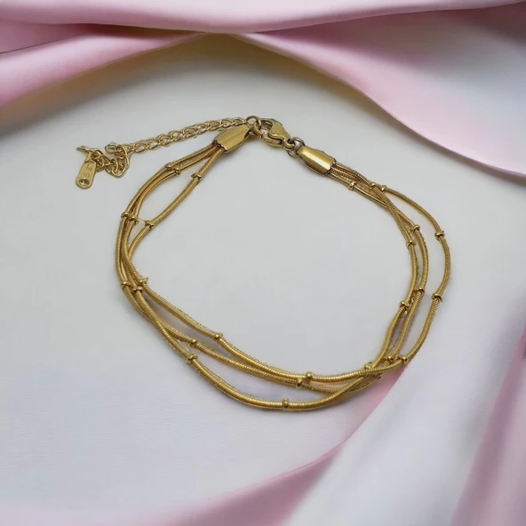 Altın Rengi Görünümlü Paslanmaz Çelik Boncuklu Üçlü Bileklik - Resim 3