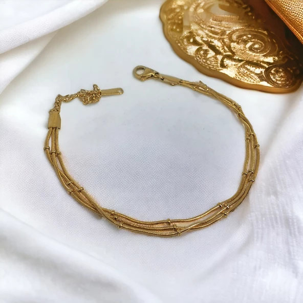 Altın Rengi Görünümlü Paslanmaz Çelik Boncuklu Üçlü Bileklik - Resim 5