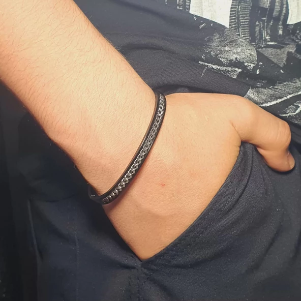 Unisex Kadın/Erkek Esnek Bijuteri Bileklik-Siyah ve Gümüş Rengi - 1