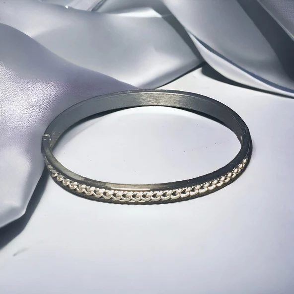 Unisex Kadın/Erkek Esnek Bijuteri Bileklik-Siyah ve Gümüş Rengi - 2