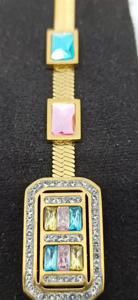 Altın Rengi Görünümlü Paslanmaz Taşlı Çelik Bileklik - Resim 5