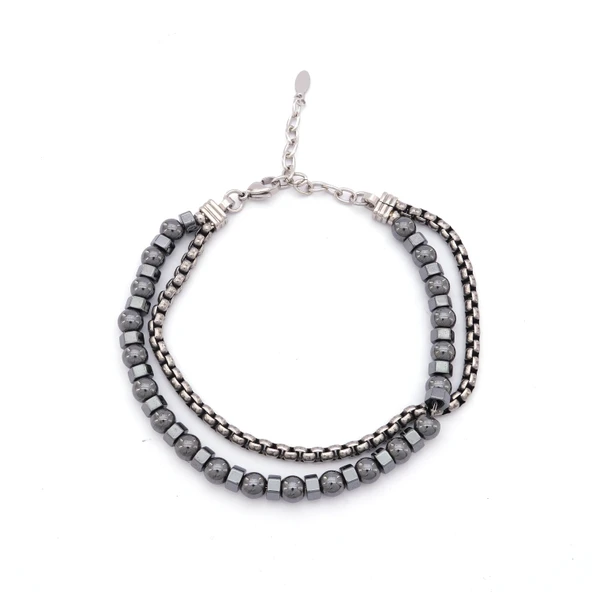 316L Erkek Çelik Bileklik Gri Hematit Taşlı Spor Zincir Bileklik EBLK-457 ürün görseli