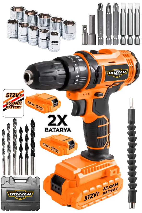 Dozzer Alman V-Tec 12V 2Ah Bakır Sargı 27 Parça Set 2x Akülü Şarjlı Vidalama Matkap