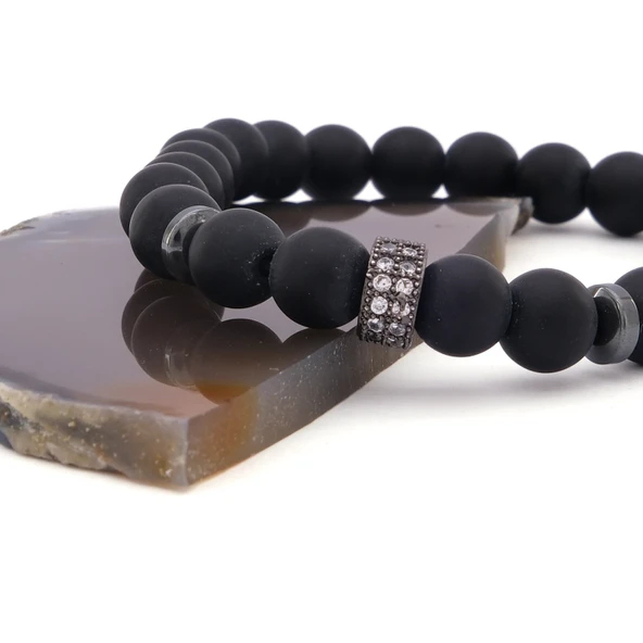 Zirkon Taşlı Oniks Doğal Taş Erkek Bileklik EBLK-477 - Resim 4