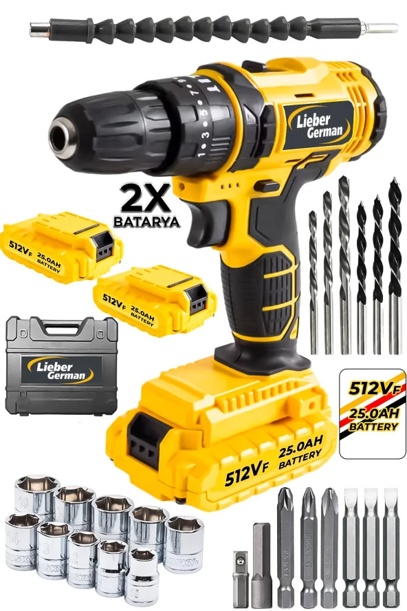 Lieber German Teknoloji 12 V 1.5 Ah 27 Parça Set Titanyum Motor 2x Akülü Şarjlı Vidalama Matkap