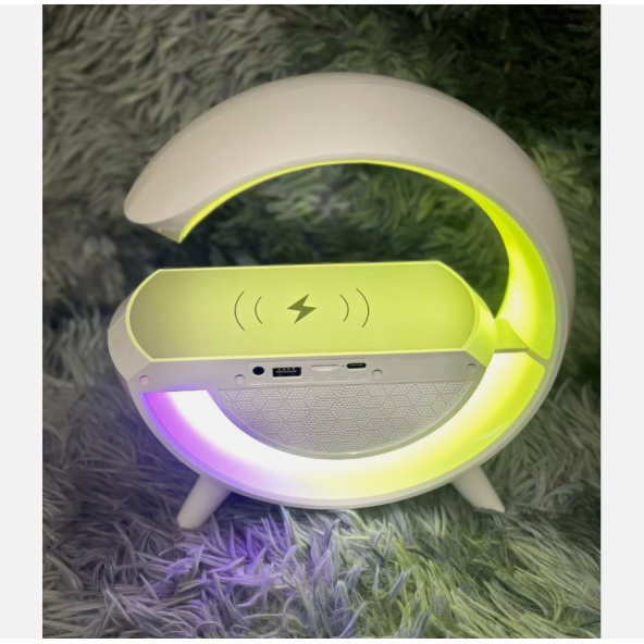 Taşınabilir Kablosuz Hoparlör - G Şekli RGBLİ Işıklı Saatli Temazsız Şarj Standlı Gece Lambası - 2