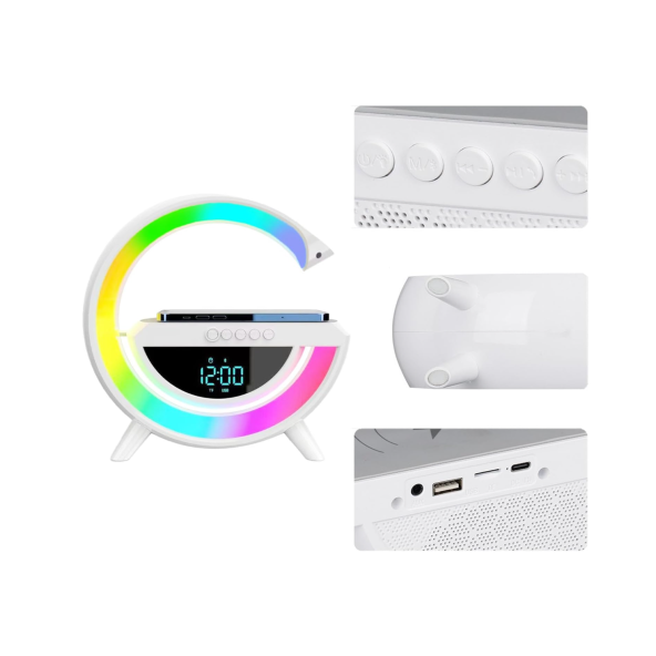 Taşınabilir Kablosuz Hoparlör - G Şekli RGBLİ Işıklı Saatli Temazsız Şarj Standlı Gece Lambası - 3