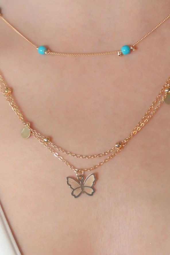 Altın Sarısı Gold Renk Kalp Figürlü Taşlı Kadın Kolye - Resim 2