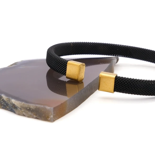 Altın Kaplama Siyah Erkek Kelepçe Bileklik EBLK-431 - 4