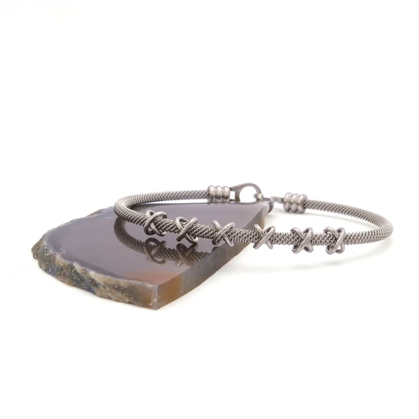 316L Çelik Düğüm Detaylı Gri Erkek Kelepçe Bileklik EBLK-425 - Resim 4