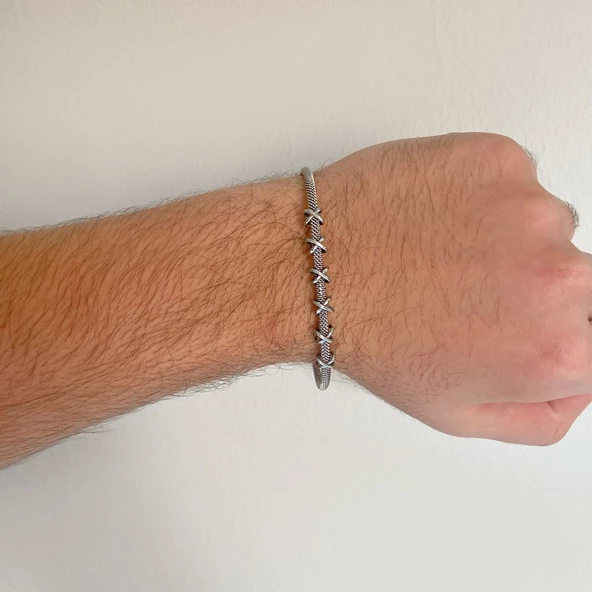 316L Çelik Düğüm Detaylı Gri Erkek Kelepçe Bileklik EBLK-425 - Resim 2