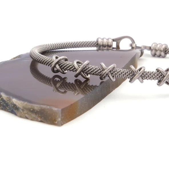 316L Çelik Düğüm Detaylı Gri Erkek Kelepçe Bileklik EBLK-425 - Resim 5