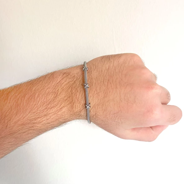 316L Çelik Düğüm Detaylı Gri Erkek Kelepçe Bileklik EBLK-422 - Resim 2