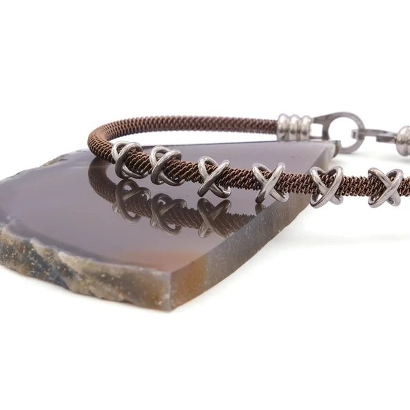 316L Çelik Düğüm Detaylı Kahverengi Erkek Kelepçe Bileklik EBLK-427 - Resim 5