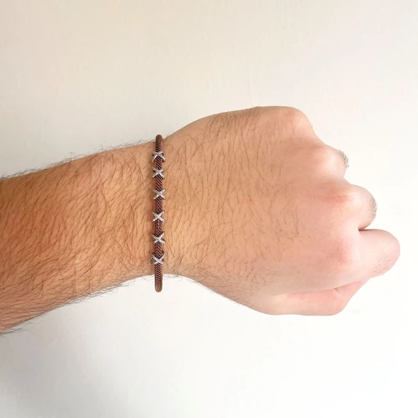 316L Çelik Düğüm Detaylı Kahverengi Erkek Kelepçe Bileklik EBLK-427 - Resim 2