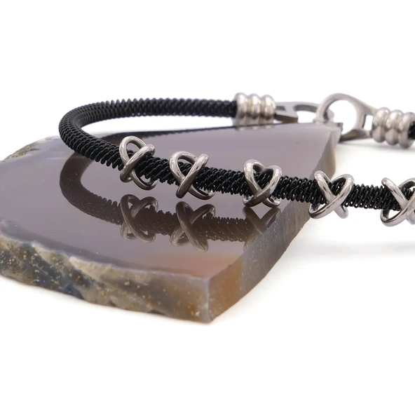 316L Çelik Düğüm Detaylı Siyah Erkek Kelepçe Bileklik EBLK-426 - Resim 5