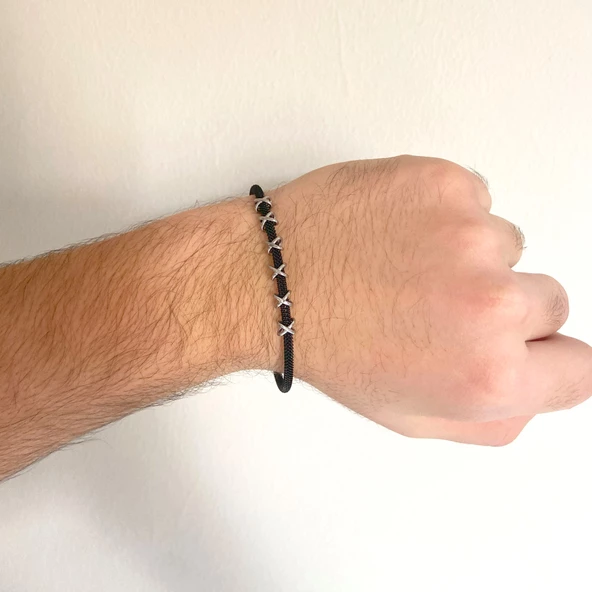 316L Çelik Düğüm Detaylı Siyah Erkek Kelepçe Bileklik EBLK-426 - Resim 2