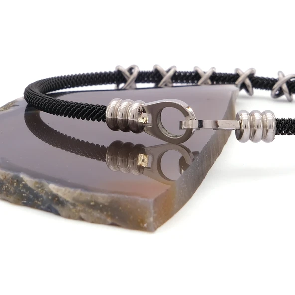 316L Çelik Düğüm Detaylı Siyah Erkek Kelepçe Bileklik EBLK-426 - Resim 8