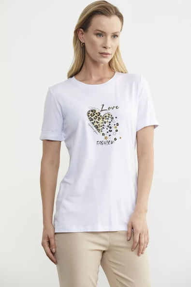 Varak Baskılı Dökümlü Tişört - Beyaz - 4