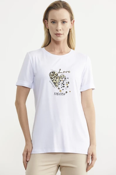 Varak Baskılı Dökümlü Tişört - Beyaz