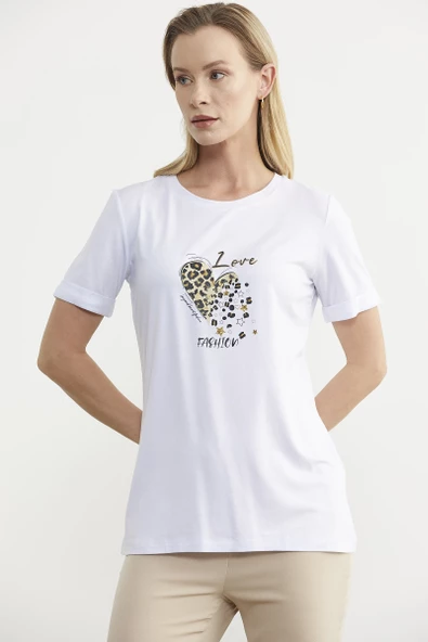 Varak Baskılı Dökümlü Tişört - Beyaz - 3