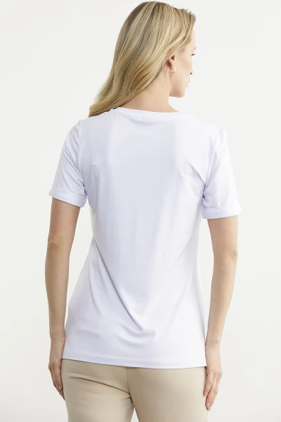 Varak Baskılı Dökümlü Tişört - Beyaz - 5