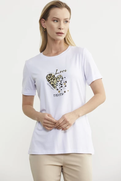 Varak Baskılı Dökümlü Tişört - Beyaz - 2