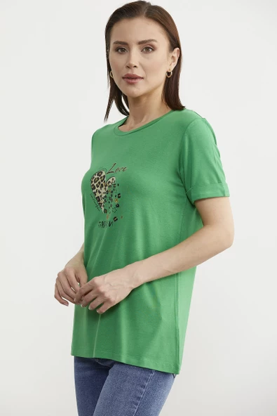 Varak Baskılı Dökümlü Tişört - Yeşil - Resim 2
