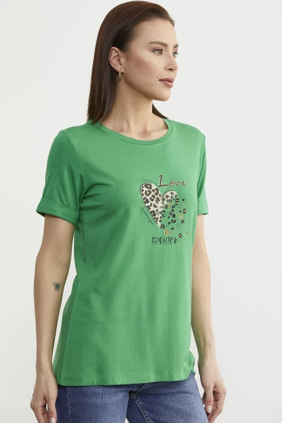 Varak Baskılı Dökümlü Tişört - Yeşil - Resim 4