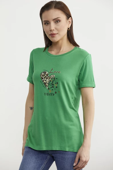 Varak Baskılı Dökümlü Tişört - Yeşil - Resim 3