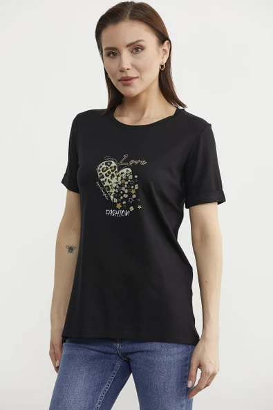 Varak Baskılı Dökümlü Tişört - Siyah - 3