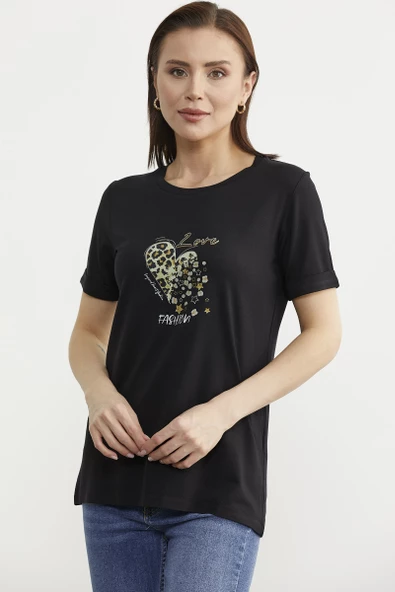 Varak Baskılı Dökümlü Tişört - Siyah - 2