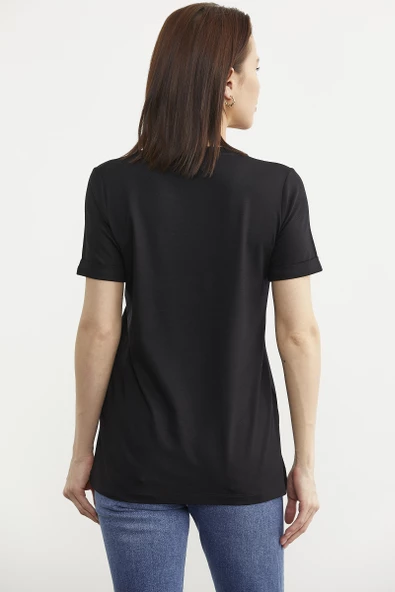 Varak Baskılı Dökümlü Tişört - Siyah - 4