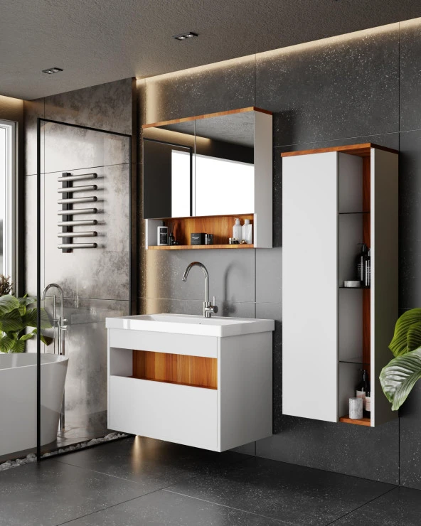 Karen Banyo Gözde 80 Cm, Banyo Dolabı Mdf,Beyaz-Söğüt Lavabo Dahil,Mdf