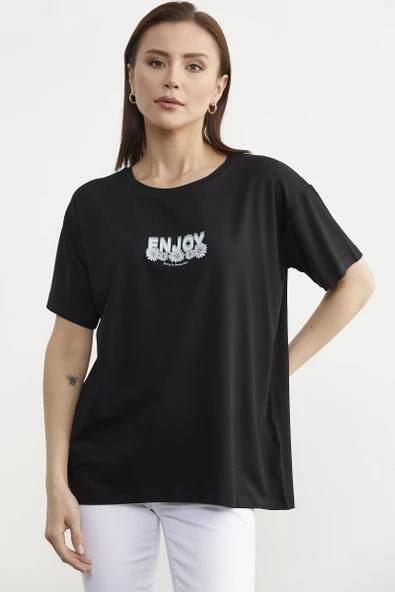 Dökümlü Baskılı Penye Tişört - Siyah - 3