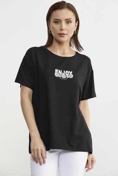 Dökümlü Baskılı Penye Tişört - Siyah - 4