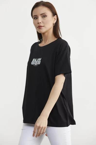 Dökümlü Baskılı Penye Tişört - Siyah - 2