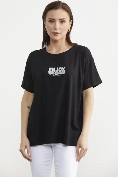 Dökümlü Baskılı Penye Tişört - Siyah