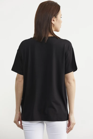 Dökümlü Baskılı Penye Tişört - Siyah - 5